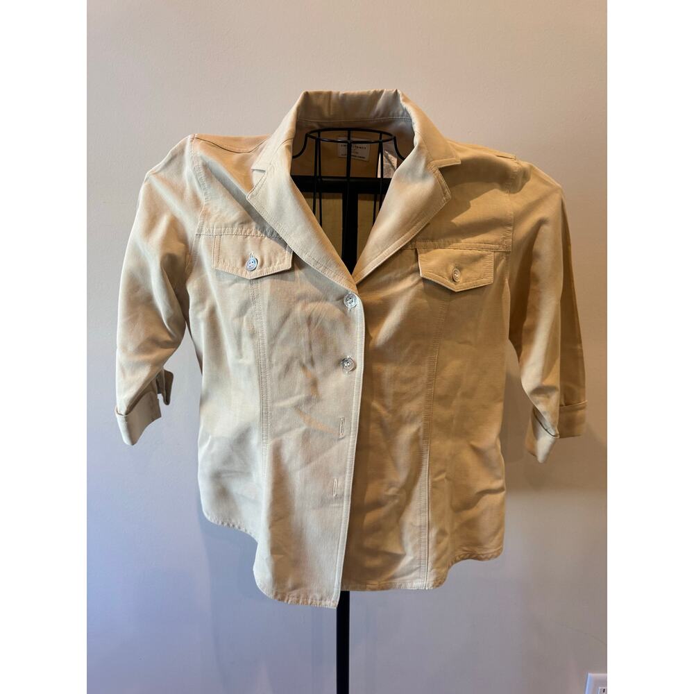 Emma James Petite blouse Beige Button Front Roll Sleeve 6P